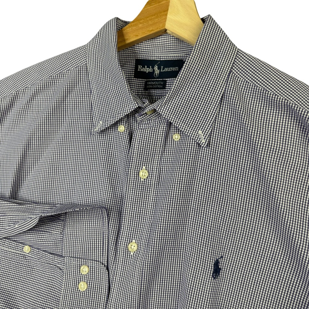 Ralph Lauren Yarmouth Mens 17 32/33 Blue Gingham Check Button Down Shirt Cotton